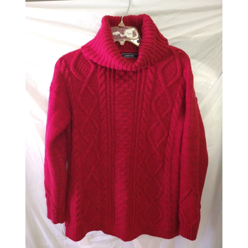 Lands End Sweater Women M Red Cable Knit Fisherman Turtleneck Wool blend
